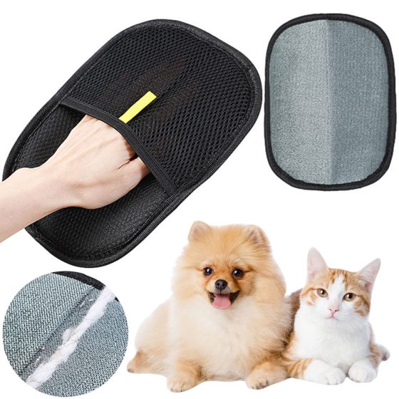 Black pet hair removal mitt showing its textured surface.