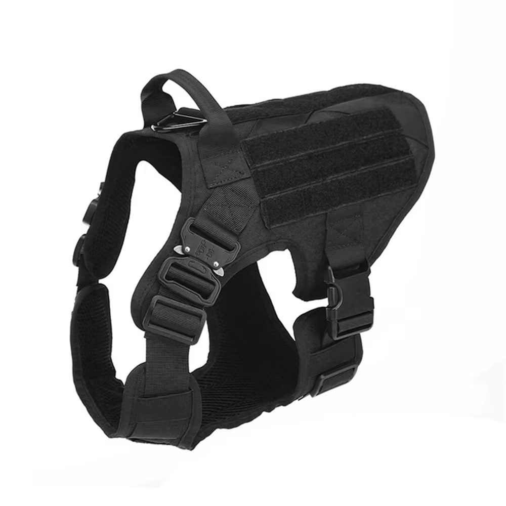 Black adjustable dog harness on a clean background.