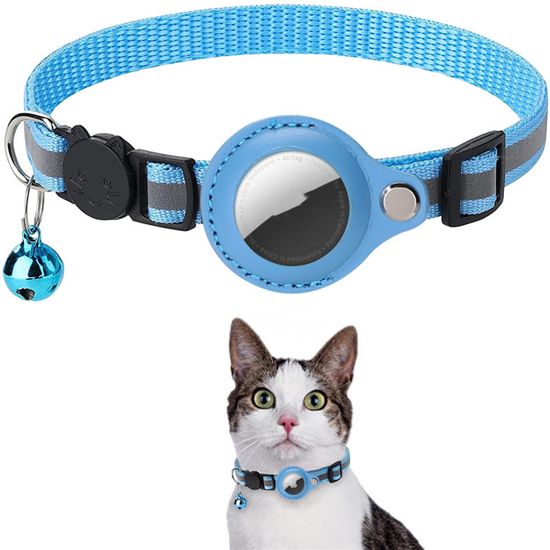 Eligible sky blue reflective collar with integrated AirTag holder.