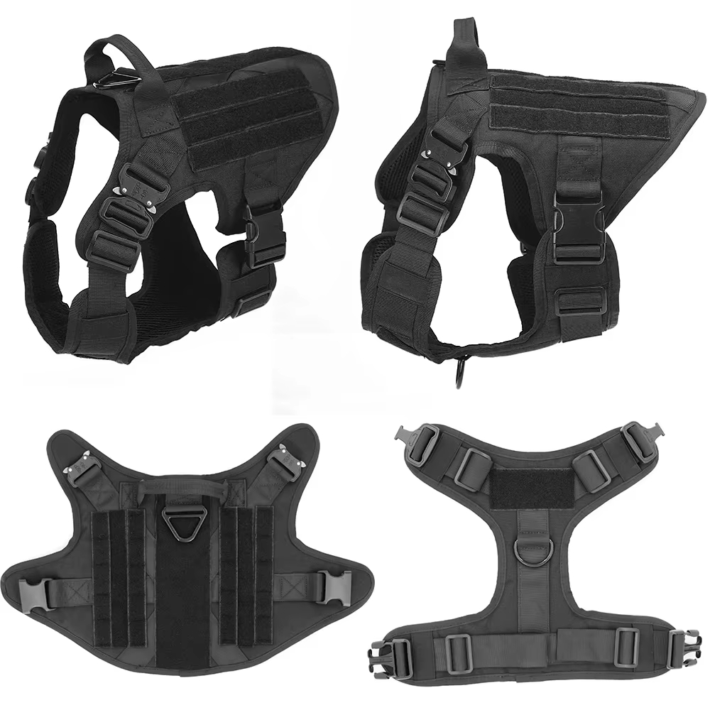 Black harness shown from four angles with its straps, handle and leash points visible.