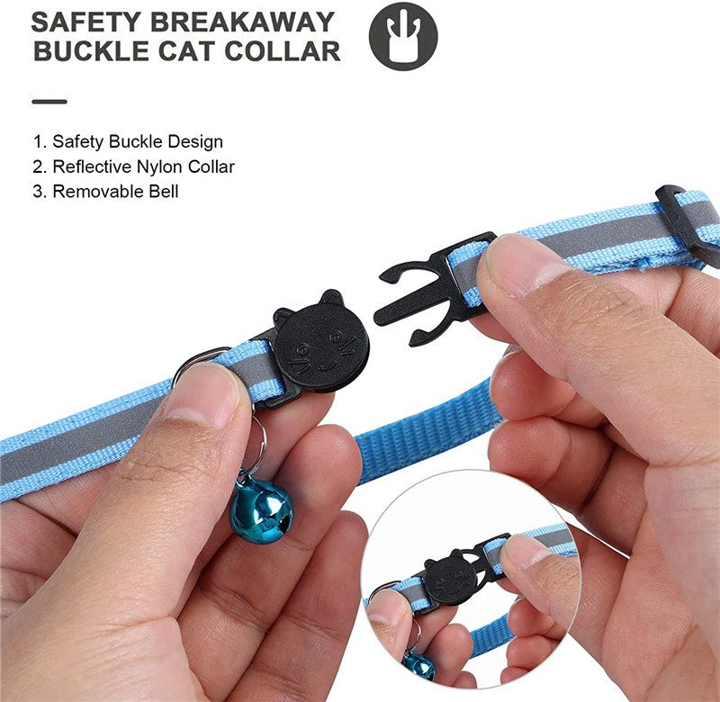 Sky blue reflective collar showing the breakaway buckle and removable bell.