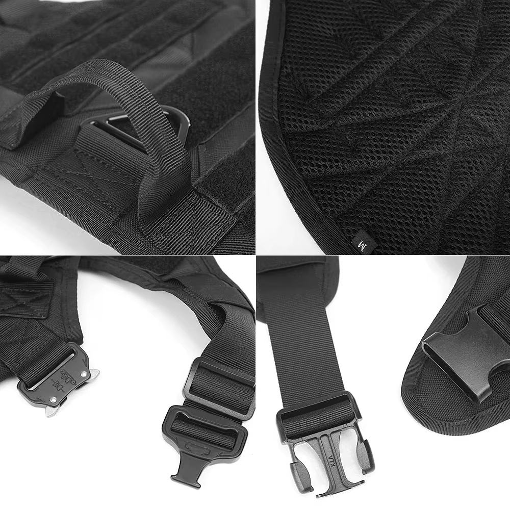 Close views of the black harness handle, reinforced stitching and breathable mesh lining.