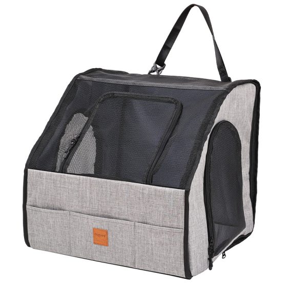 Gray foldable pet travel enclosure shown on a clean background.