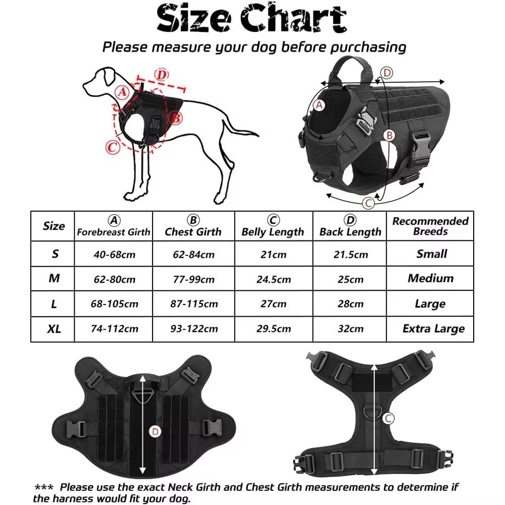 Measurement diagram and size chart for the black harness in S through XL.