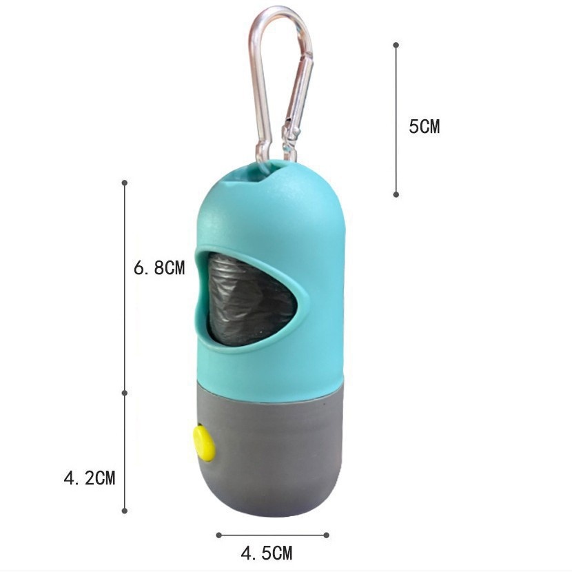Eligible Blue Gray dispenser dimensions with a compatible roll shown; bags are not included.