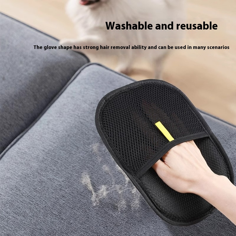 Pet hair removal mitt used on a fabric surface.