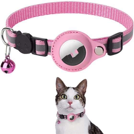 Eligible pink reflective collar with integrated AirTag holder.