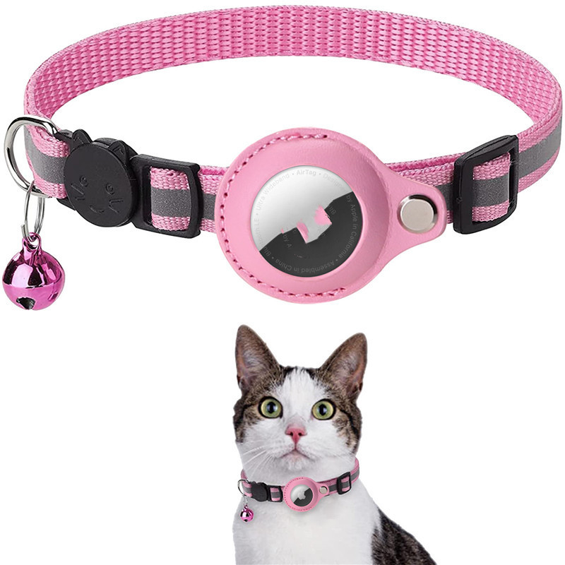 Eligible pink reflective collar with integrated AirTag holder.