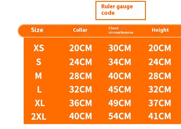 Supplier sizing guidance for the padded dog vest.