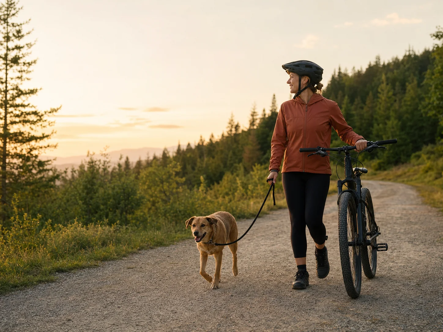 A helmeted cyclist walks a mountain bike while holding a leashed brown dog on a gravel road.