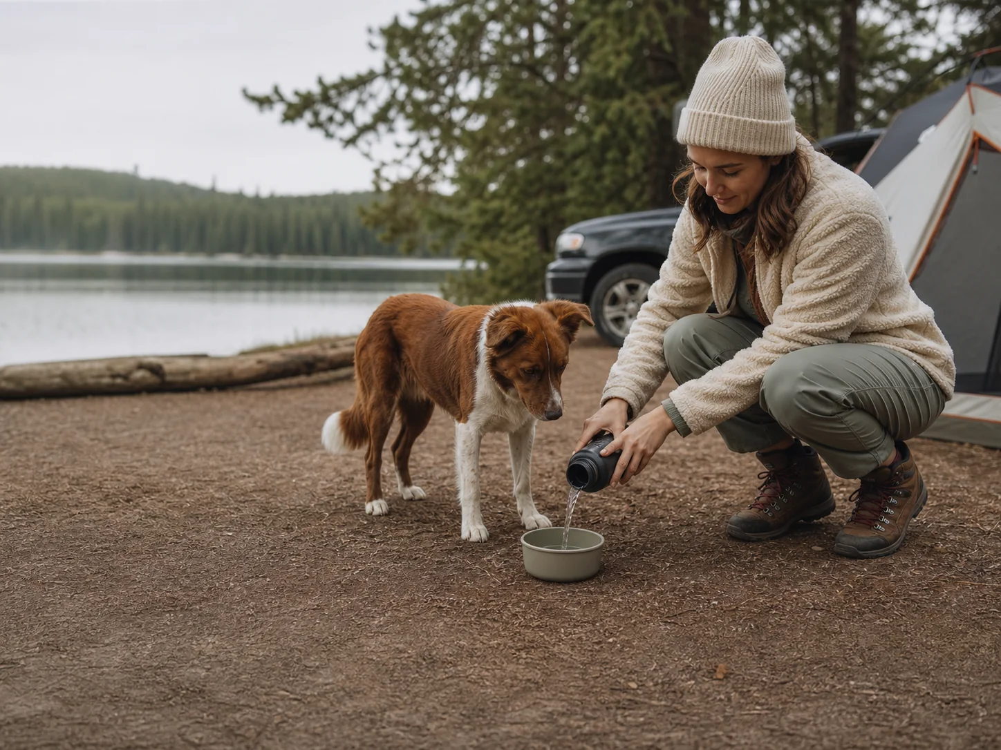 A woman pours water into a bowl beside a brown-and-white dog at a lakeside campsite.