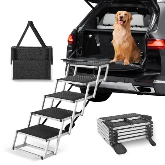 Composite showing five-step stairs at an open SUV with a golden retriever, plus folded and carry-bag views.