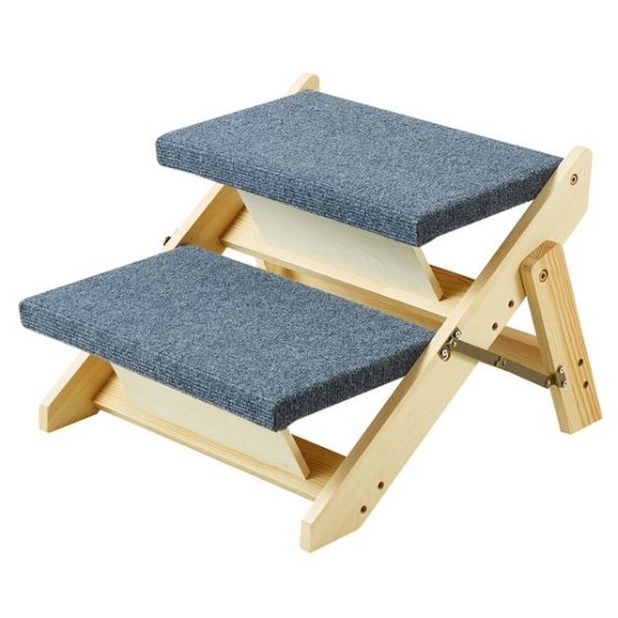 Two wide gray fabric-covered pet steps on a folding light-wood frame.