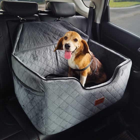A beagle sitting inside a gray quilted dog car bed installed on a vehicle rear seat.