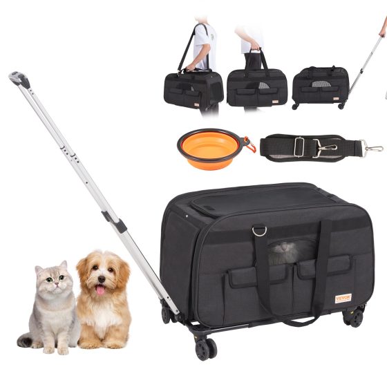 Black soft-sided pet carrier shown with its wheeled base, telescoping handle, shoulder strap, carry handles and folding bowl.