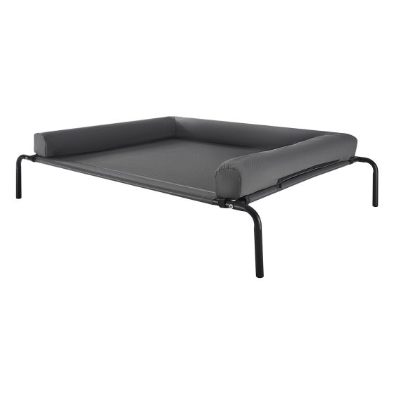 Angled product view of a gray elevated mesh dog cot with padded bolsters on three sides and a black metal frame.