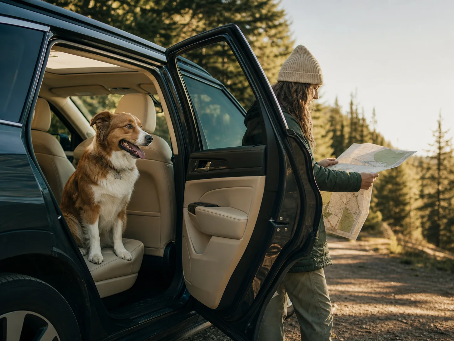 A woman holds a paper map beside an open SUV door while a brown-and-white dog sits on the rear seat.
