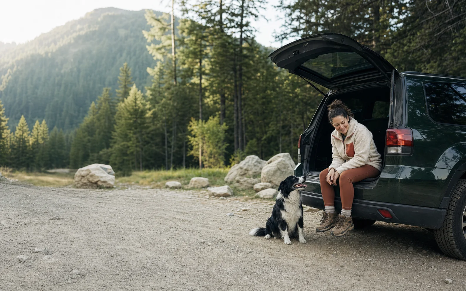 A woman sits at the open rear of a dark SUV beside a black-and-white dog at a mountain trailhead.